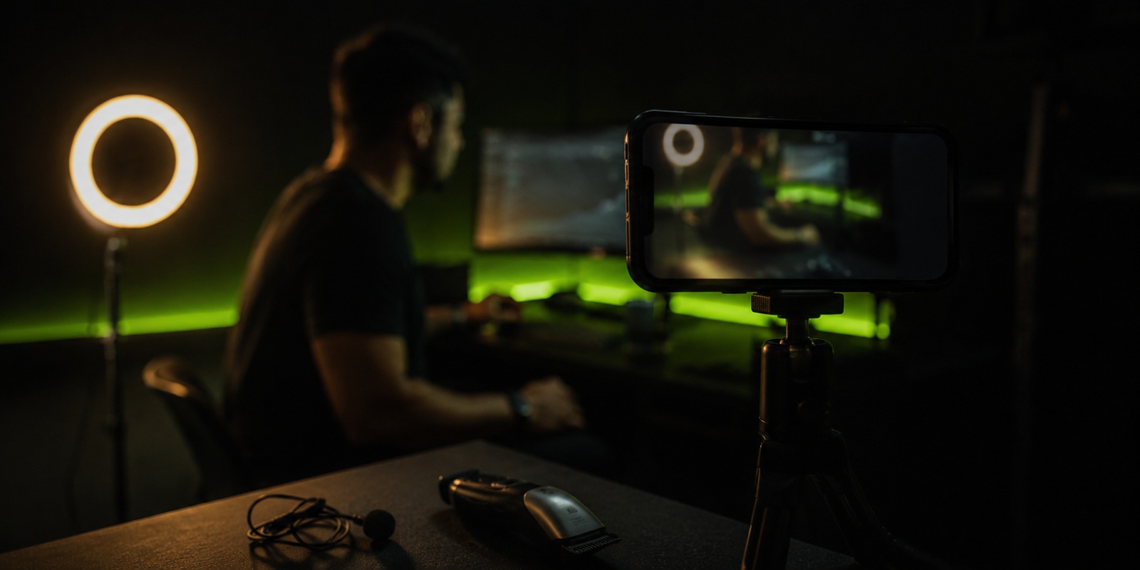 Celular em tripé gravando conteúdo, iluminado por luz verde num estúdio escuro