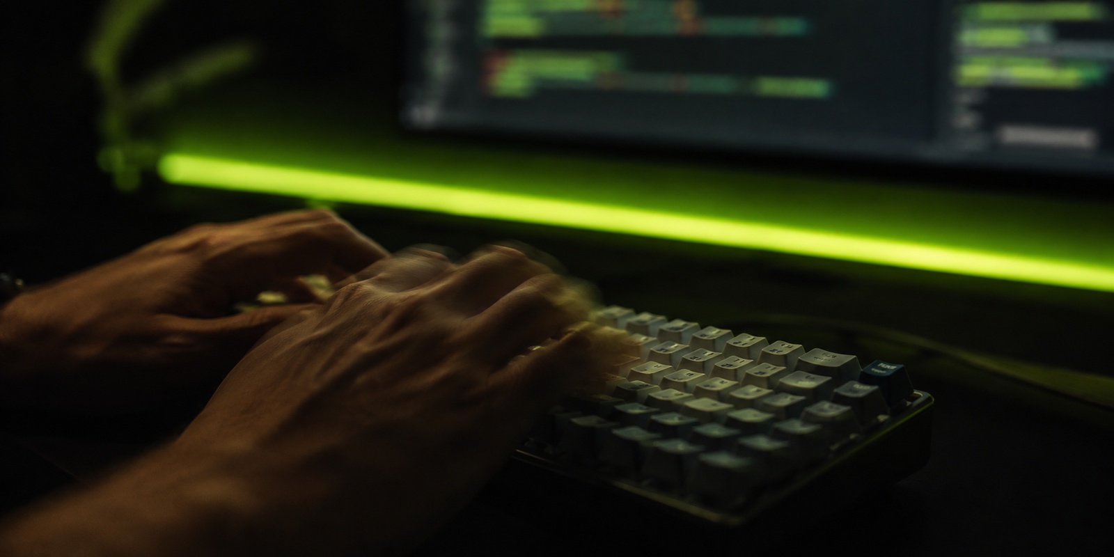 Teclado mecânico e tela com código desfocado sob luz verde neon